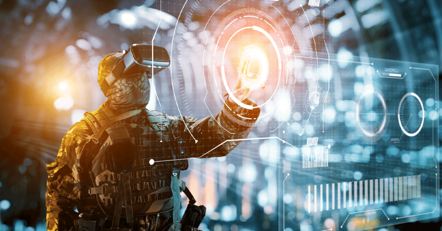 Military Technology soldier using virtual reality glasses