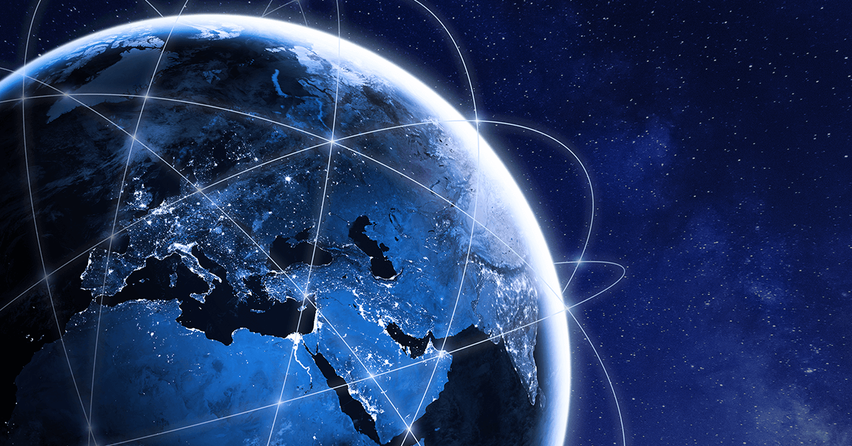 Earth from space with glowing network lines connecting continents