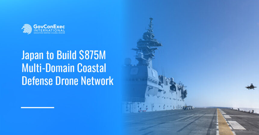 Japanese warship with a fighter jet approaching the deck, symbolizing Japan's coastal defense drone network plans.