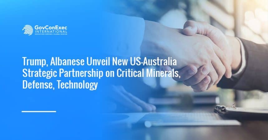 trump-albanese-us-australia-invest-minerals-defense-tech A closeup of people shaking hands to represent partnership. The U.S. and Australian governments signed new partnership deals