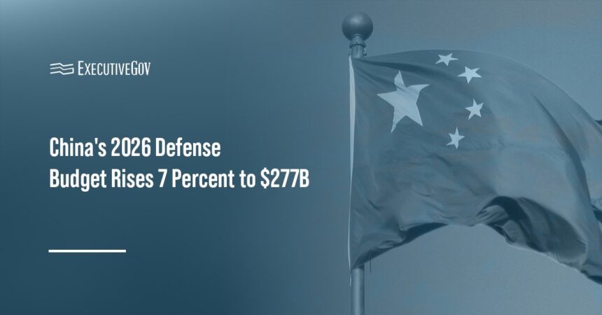 Chinese flag. China increased its 2026 defense budget by 7 percent, bringing military spending to about $277 billiion.