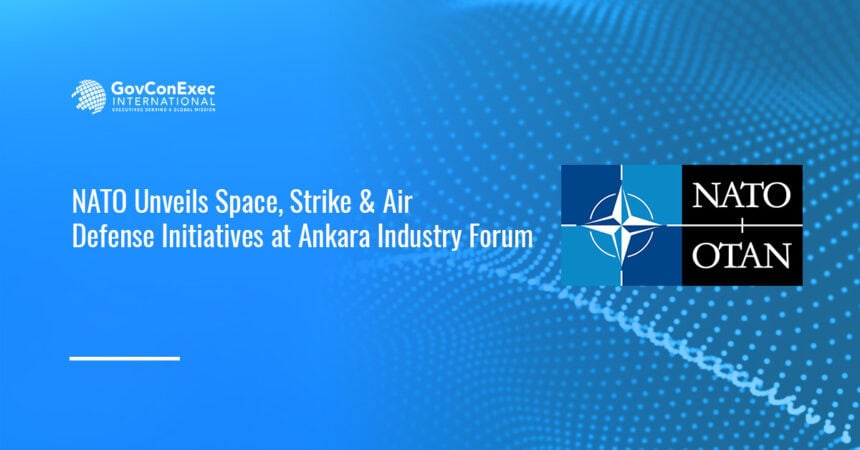 NATO logo. NATO allies unveiled new space, strike and air defense initiatives at the Ankara industry forum.
