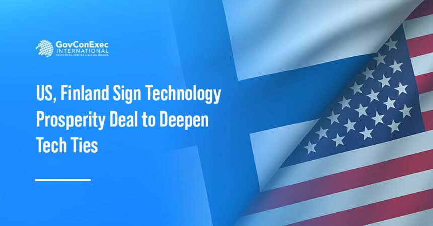 The flags of the United States and Finland side by side, representing a bilateral partnership. The two countries signed a Technology Prosperity Deal outlining joint work on Arctic icebreakers, AI, quantum and nuclear energy.